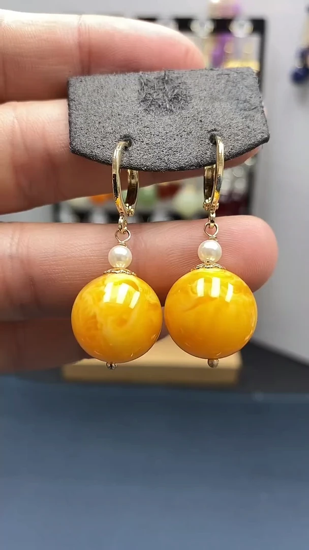 【闪购商品】蜜蜡耳饰银S925镀金镶嵌尺寸16mm耳扣06