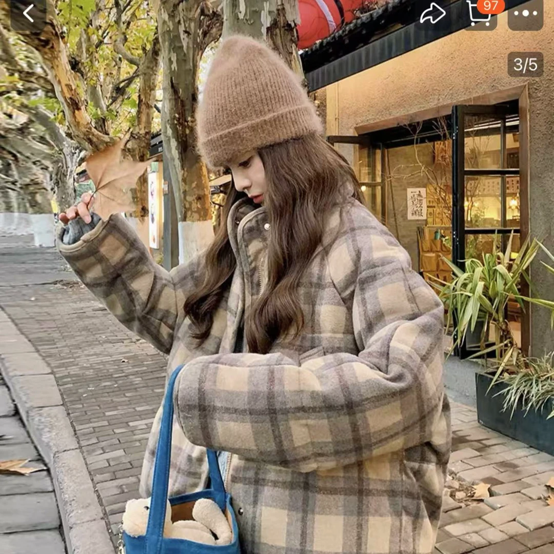 J1706  秋冬新款小个子短款面包服女格子百搭外套