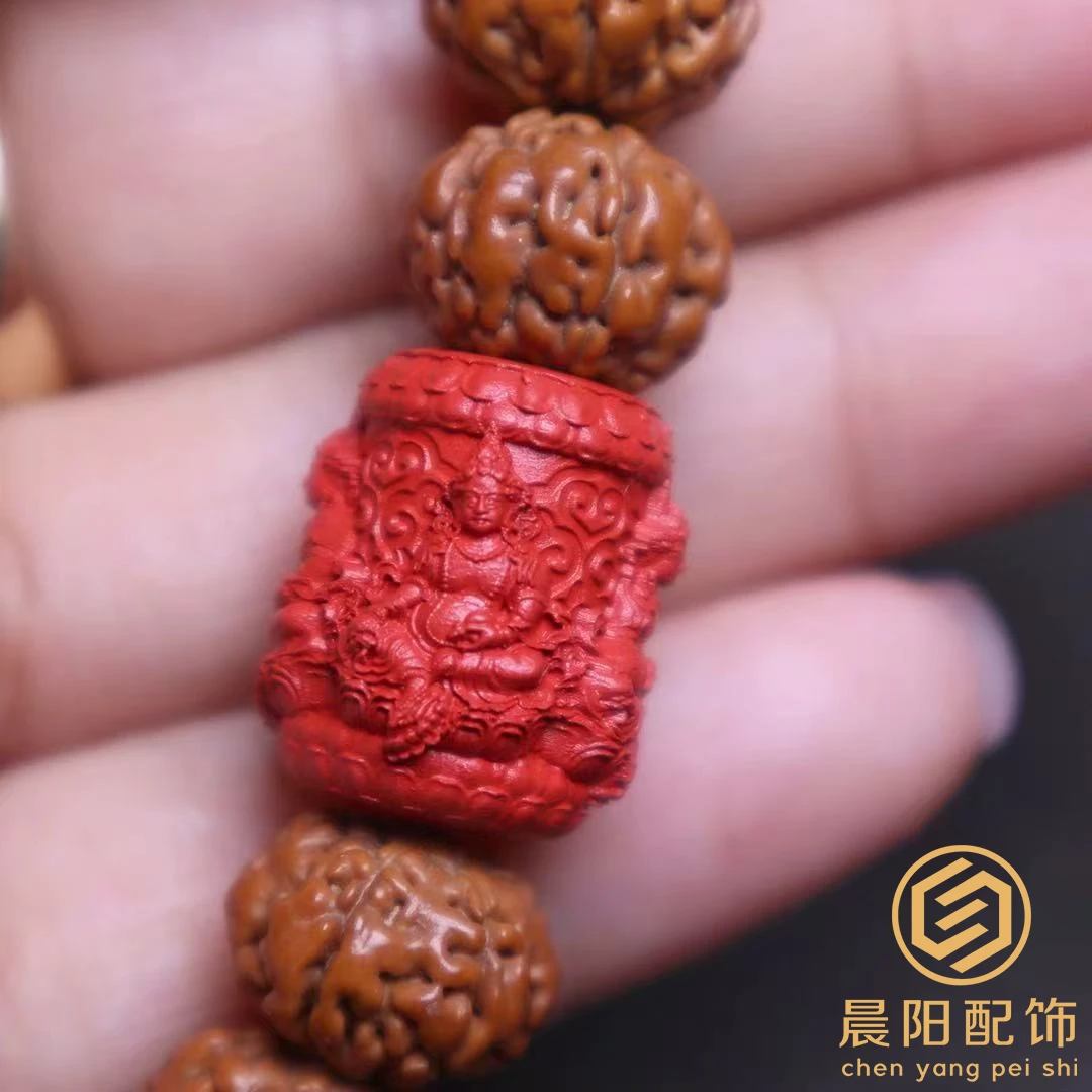含辰砂工艺品朱砂黄财神单珠桶珠腰珠金刚星月菩提手长串文玩配饰