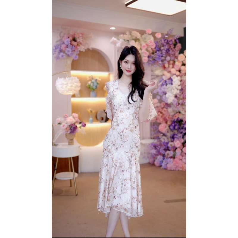 2025夏季新款性感时尚气质名媛荷叶袖修身显瘦收腰包臀连衣裙3511