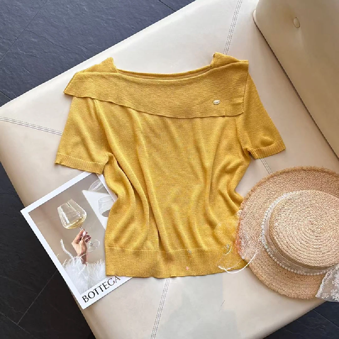法式显瘦气质夏季简约纯色一字领气质针织短袖百搭减龄上衣H8-35