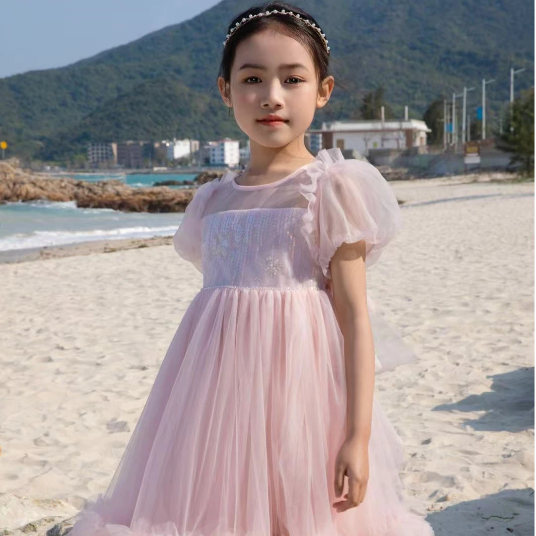 【童装】9016儿童蕾丝女童洋气仙气时尚夏季小女孩连衣裙白色泡泡袖