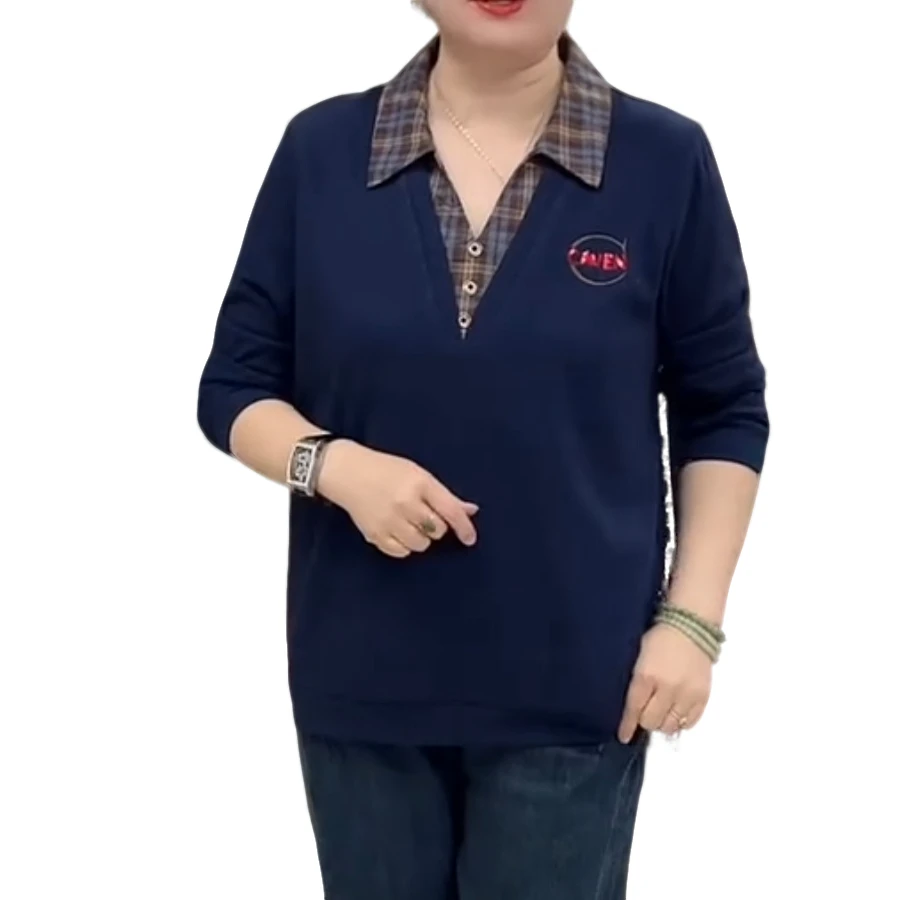 倾城3195大码衬衫领撞色显瘦百搭遮肉长袖上衣