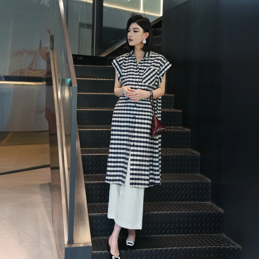 POPULARYW【夏令莳】Z·R上品屋 时尚风格纹设计感翻领休闲连衣裙