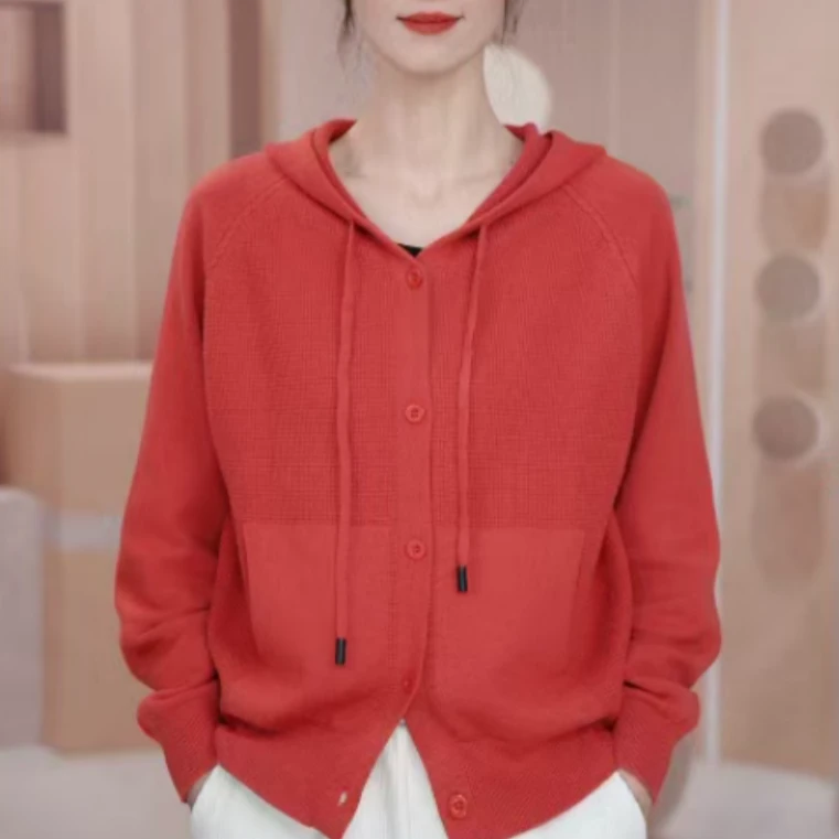 2025秋冬新款连帽休闲外搭宽松纯色毛衣外套11416