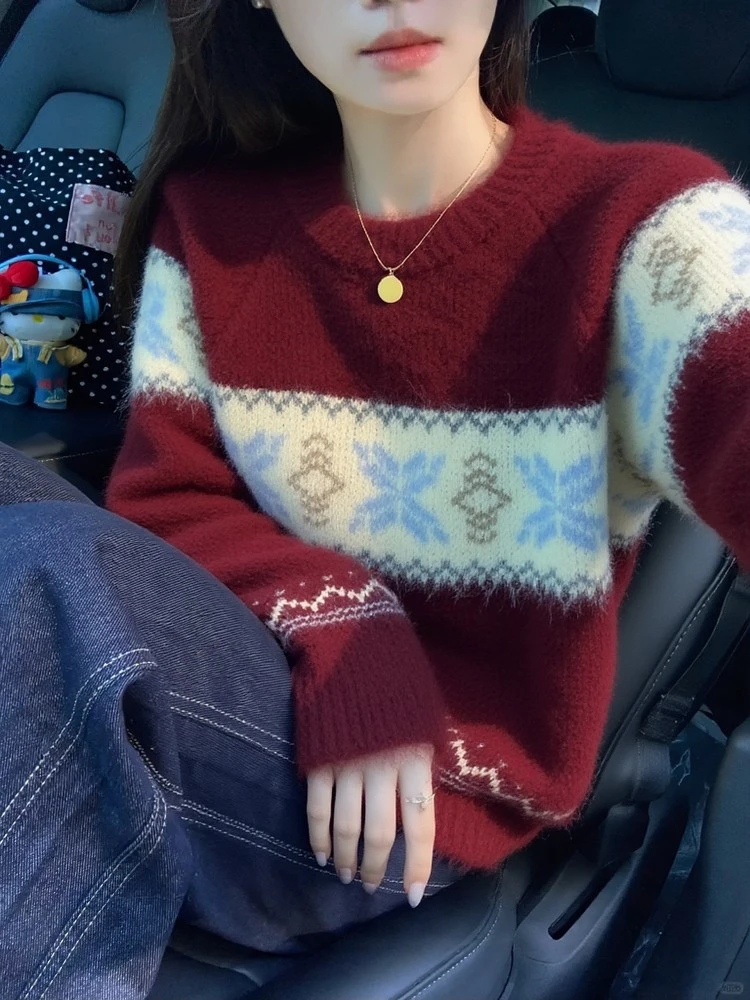 韩式慵懒chic超好看独特漂亮上衣红色费尔岛圆领提花套头毛衣女冬