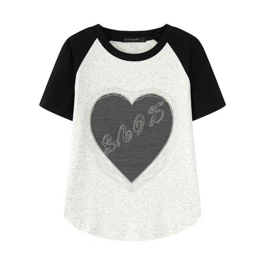 2031原单商场同款夏季新款美式复古插肩时尚圆领印花短袖爱心T恤