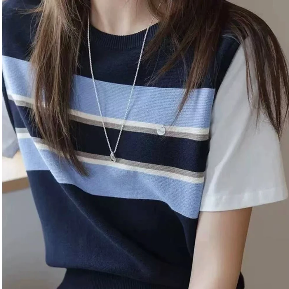 25016夏季新款撞色条纹假两件韩版短袖针织衫女