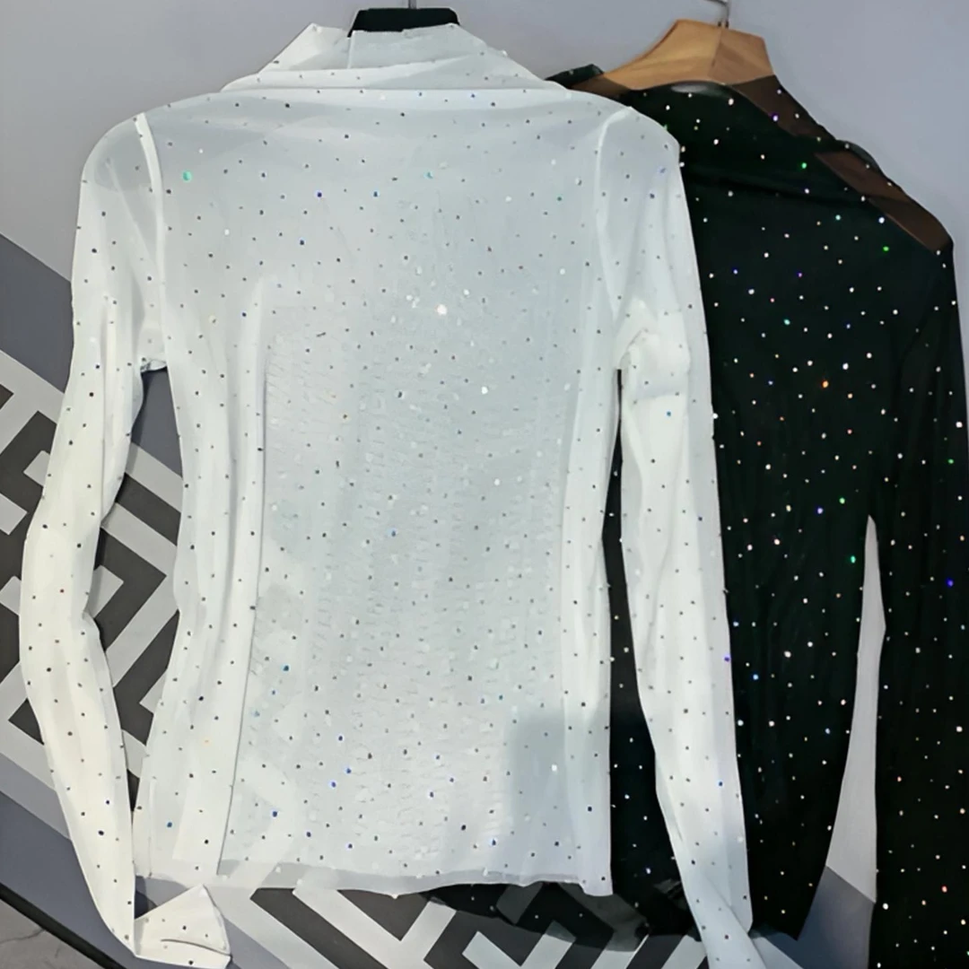 新款气质波点网衫时尚百搭秋冬修身长袖打底衫10117