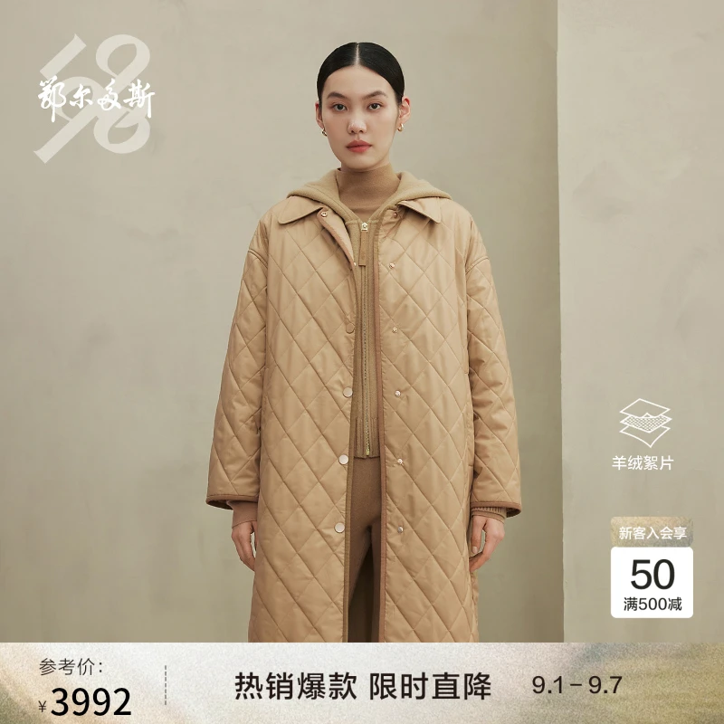 鄂尔多斯1980羊绒絮片衬衫领休闲棉服女中长款棉服外套秋冬