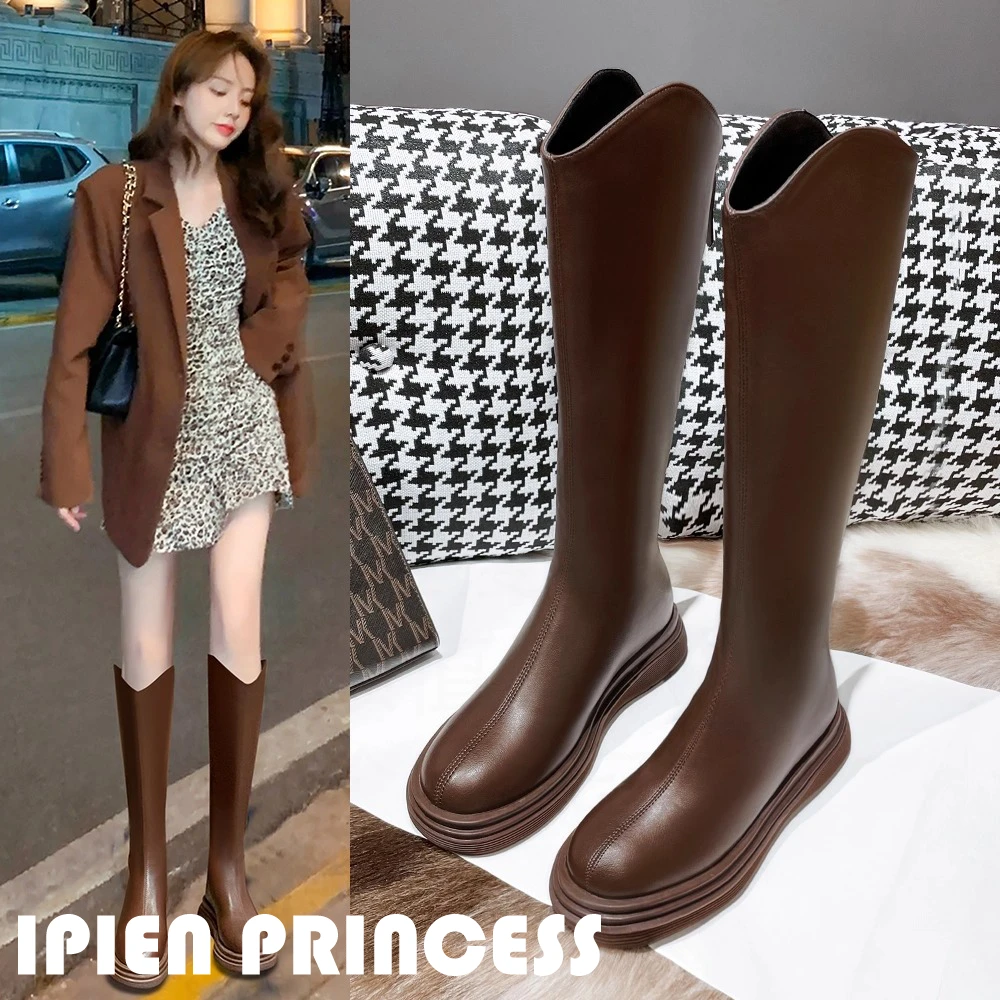 棕色英伦风长筒靴女2025春秋新款配裙子增高骑士靴厚底高筒瘦瘦靴