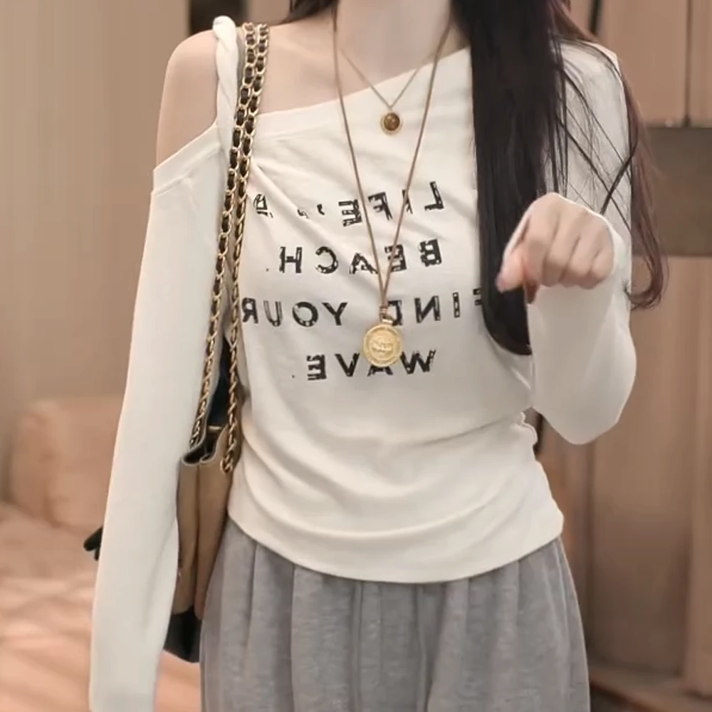 斜领褶皱内搭韩版字母百搭针织T恤印花ins休闲风长袖C6130