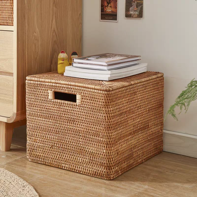 越南真藤手工编织40*36*30长方形带盖收纳筐家用杂物玩具整理篮子