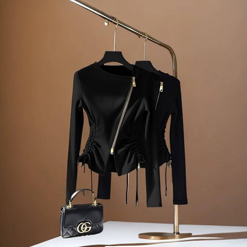 小众不撞款时尚斜拉链卫衣外套女款2024冬季抽绳收腰显瘦内搭上衣