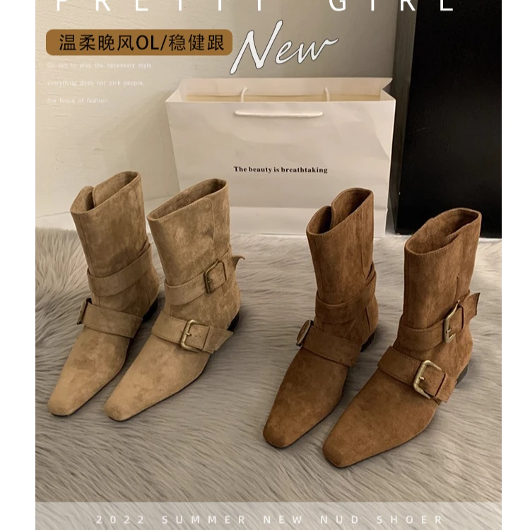 2025秋季新款小众设计复古法式短靴小方头西部靴中筒靴女靴子