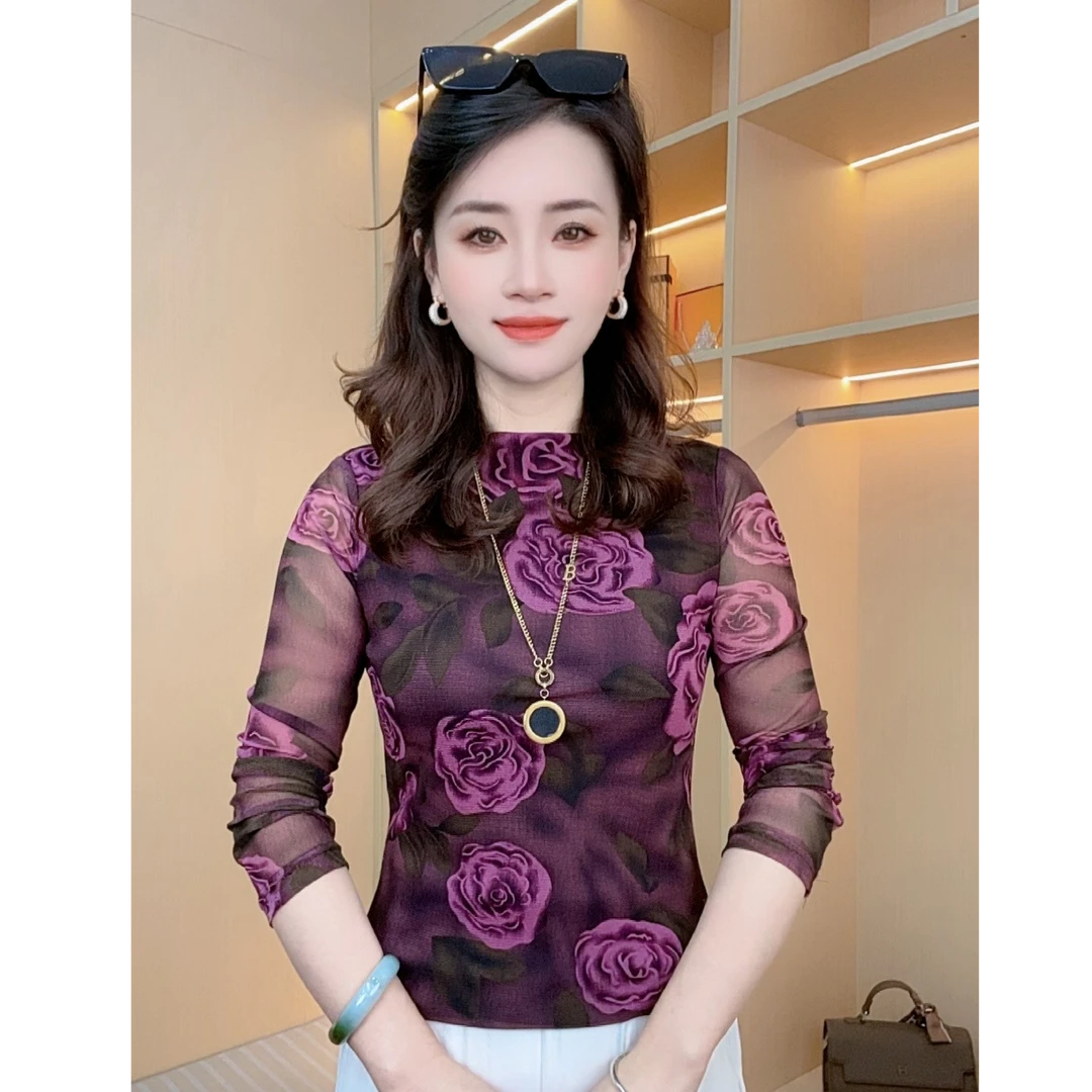 半高领加绒加厚打底衫女内搭秋冬豹纹网纱上衣时尚洋气长袖T恤潮