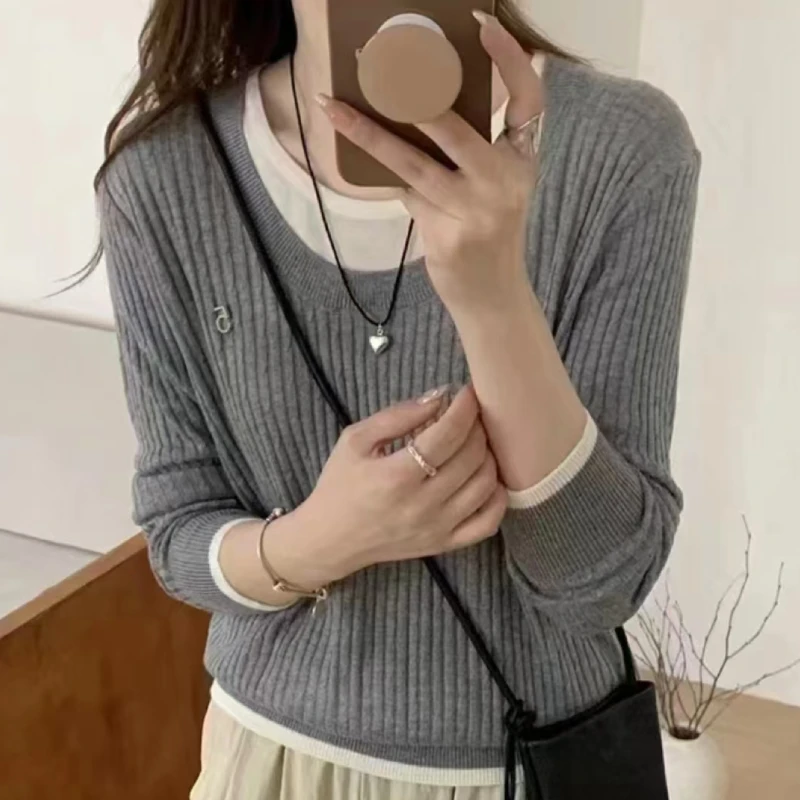 灰色假两件圆领针织衫女春秋秋冬正肩内搭打底衫早秋毛衣上衣