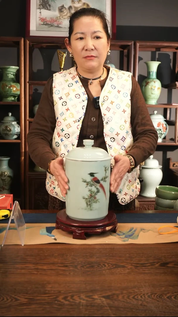 釉中彩 花鸟画 盖罐L