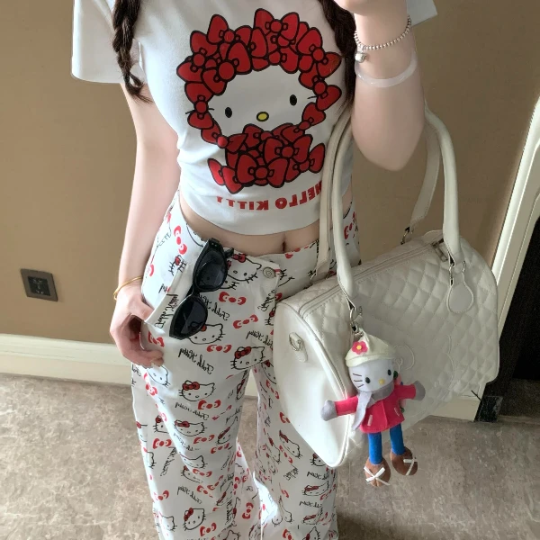 2025卡通Kitty蝴蝶结印花短袖圆领短款休闲百搭T恤修身常规正肩女