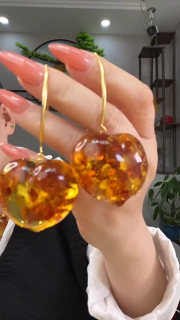 琥珀银S925镶嵌耳饰耳环
