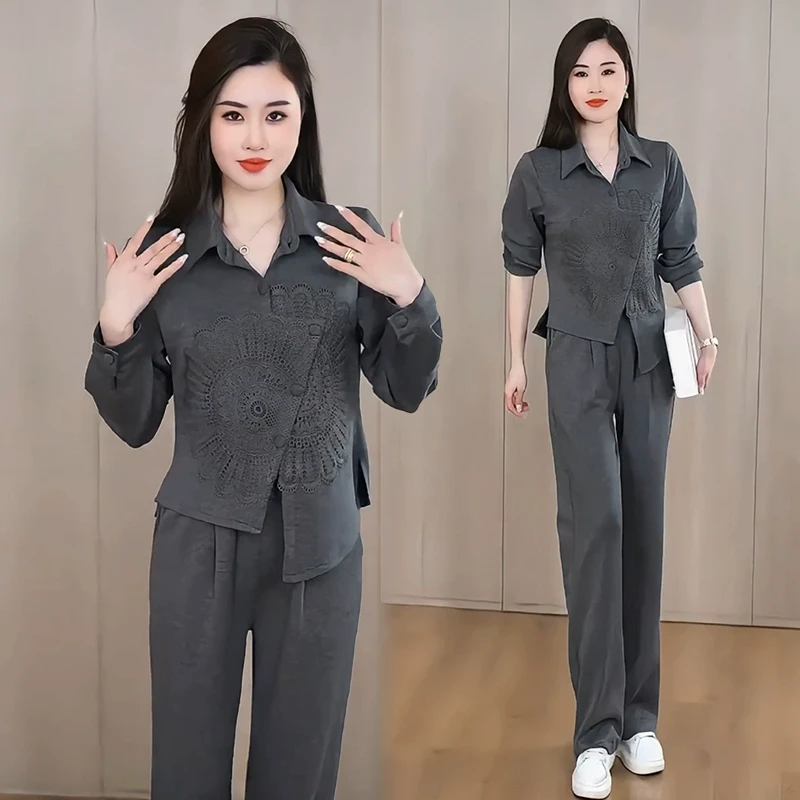 时尚气质套装女2025春季新款时髦洋气翻领刺绣上衣阔腿裤两件套潮