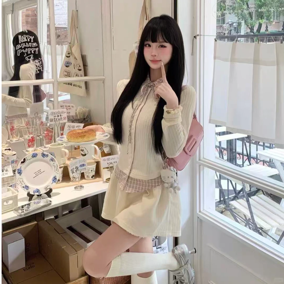 【氧气少女】2025秋季新款复古学院风格纹波点假两件针织衫半裙套装