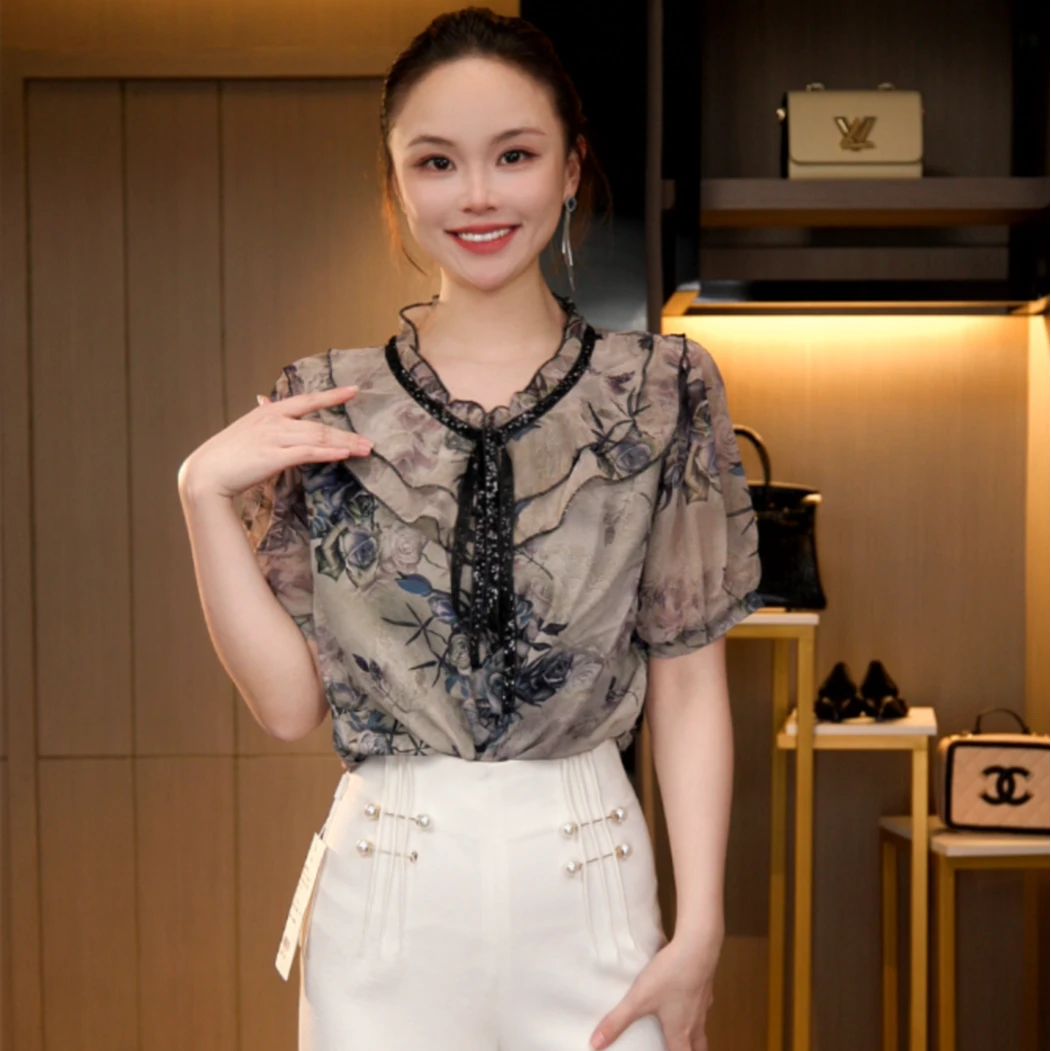 L4X2120 法式复古短袖显瘦气质琉璃双绉丝T恤上衣