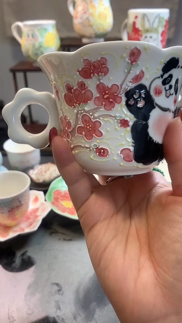 一味*手绘*熊猫桃花杯