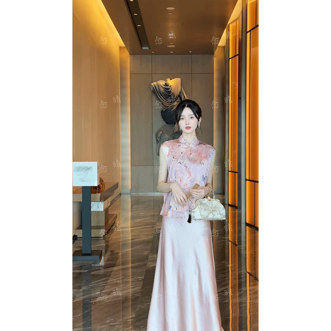 【国色天香】国风盘扣衬衫马甲女背心提花短款上衣无袖