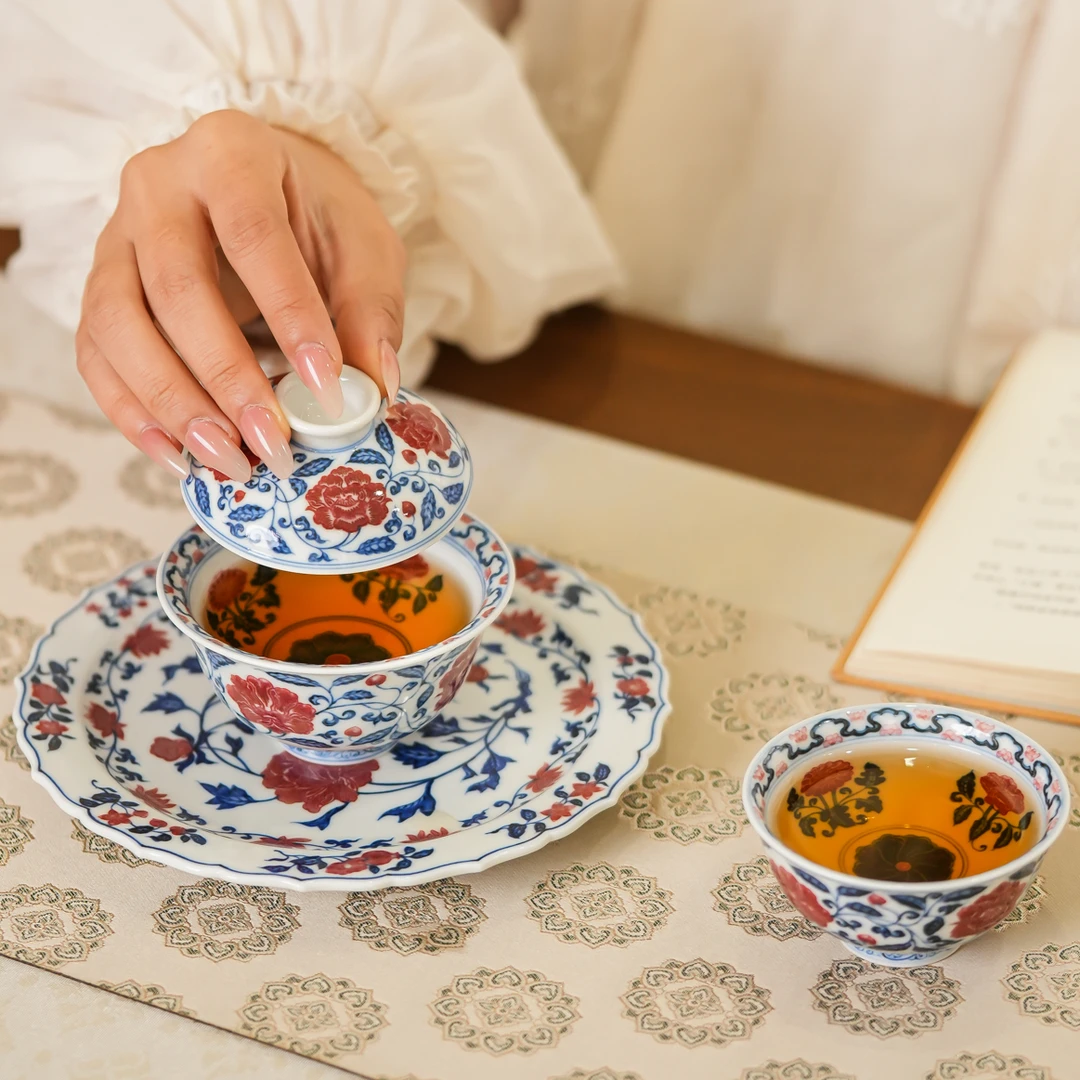 勤义堂 青花釉里红缠枝牡丹 盖碗100ml 主人杯80ml 壶承16cm