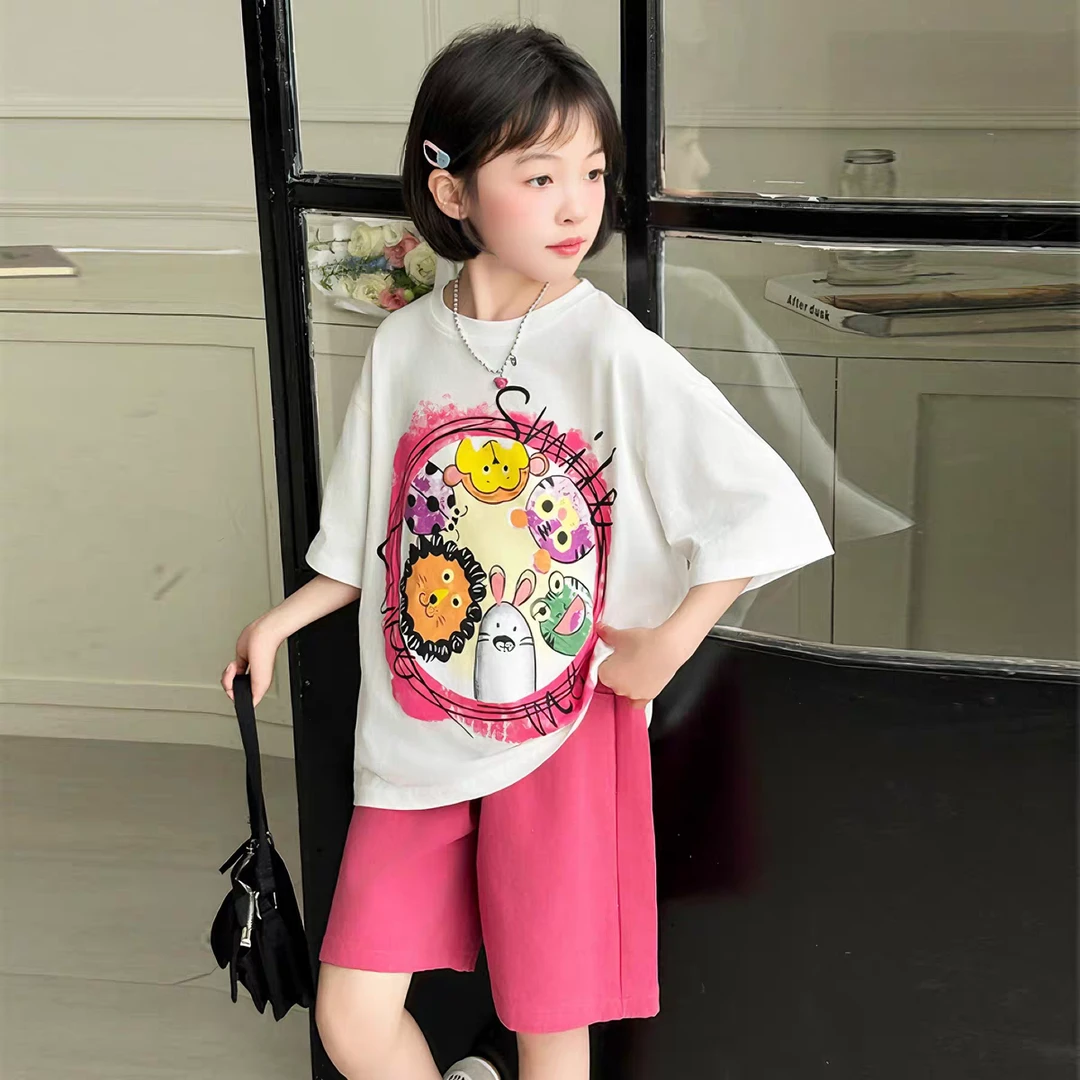 女童短袖套装夏季2025新款儿童洋气卡通衣服女孩夏季运动服两件套
