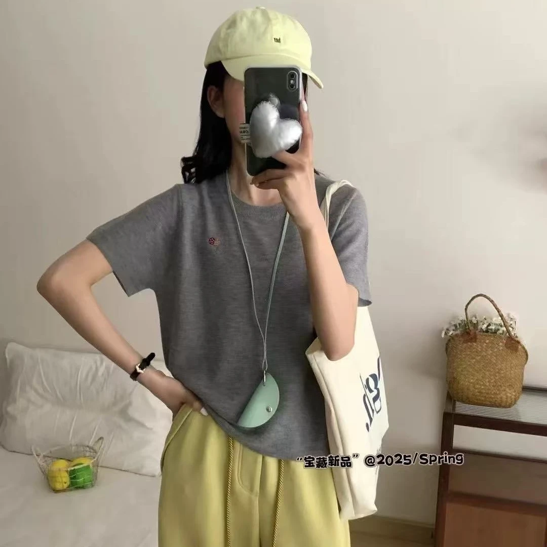 浮力上新！韩系简约小蘑菇刺绣圆领短袖2025夏季新款