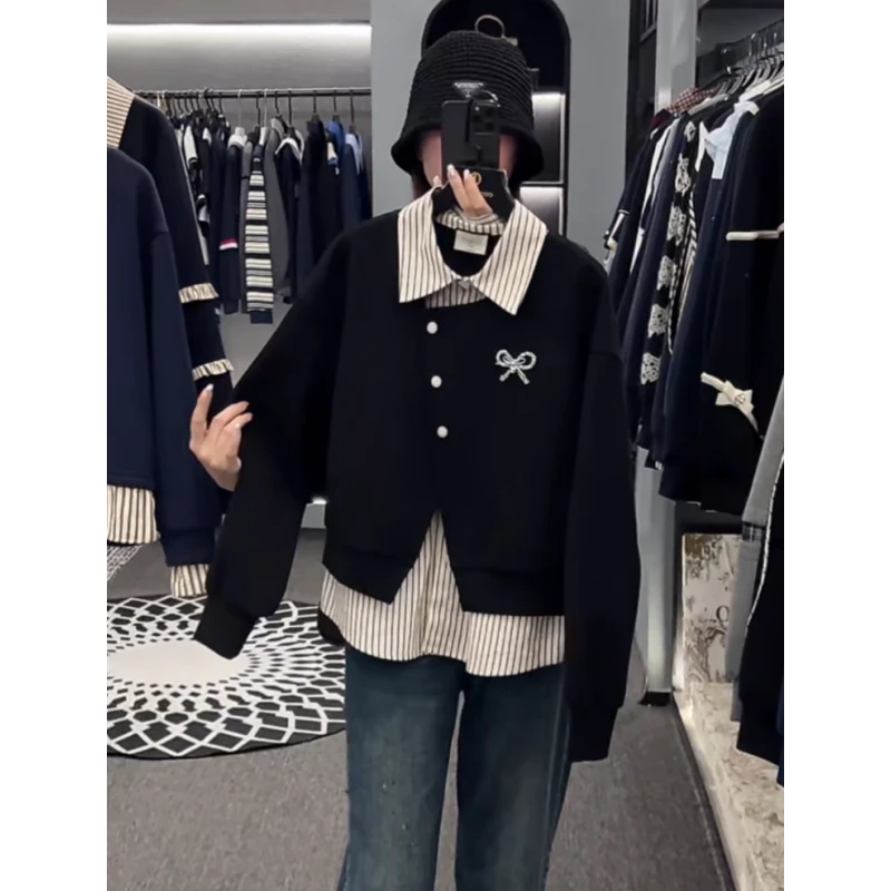 设计感条纹polo领假两件卫衣女2025秋季新款拼接蝴蝶结减龄上衣