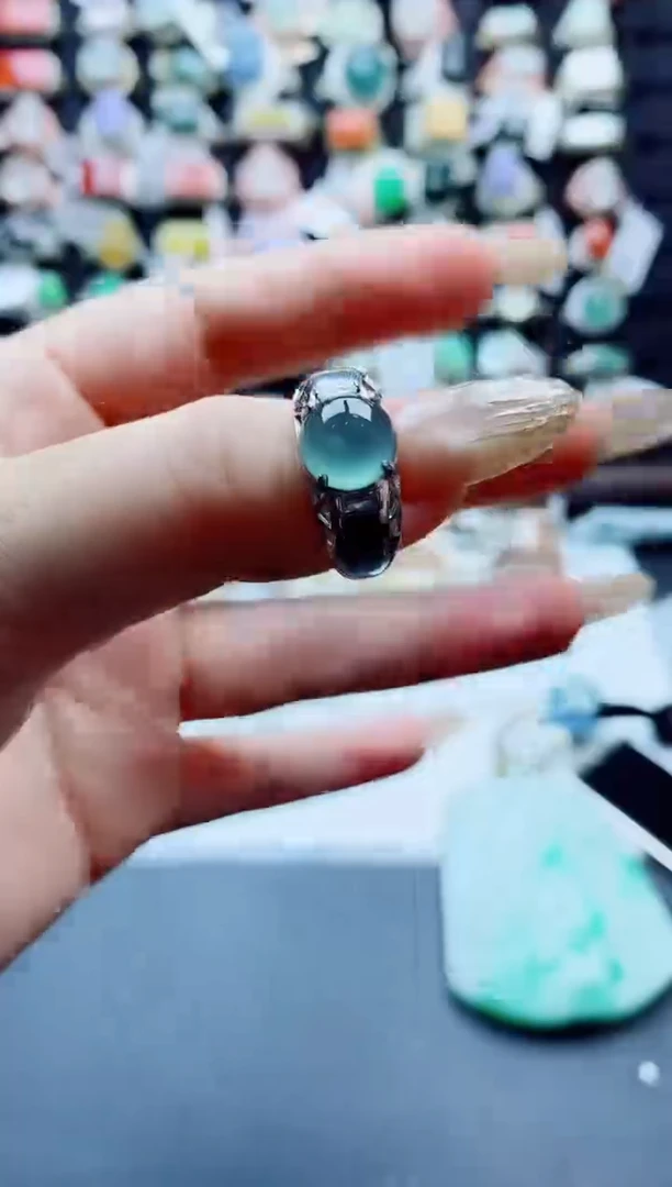 银S925镶嵌戒指翡翠天然翡翠A货男戒