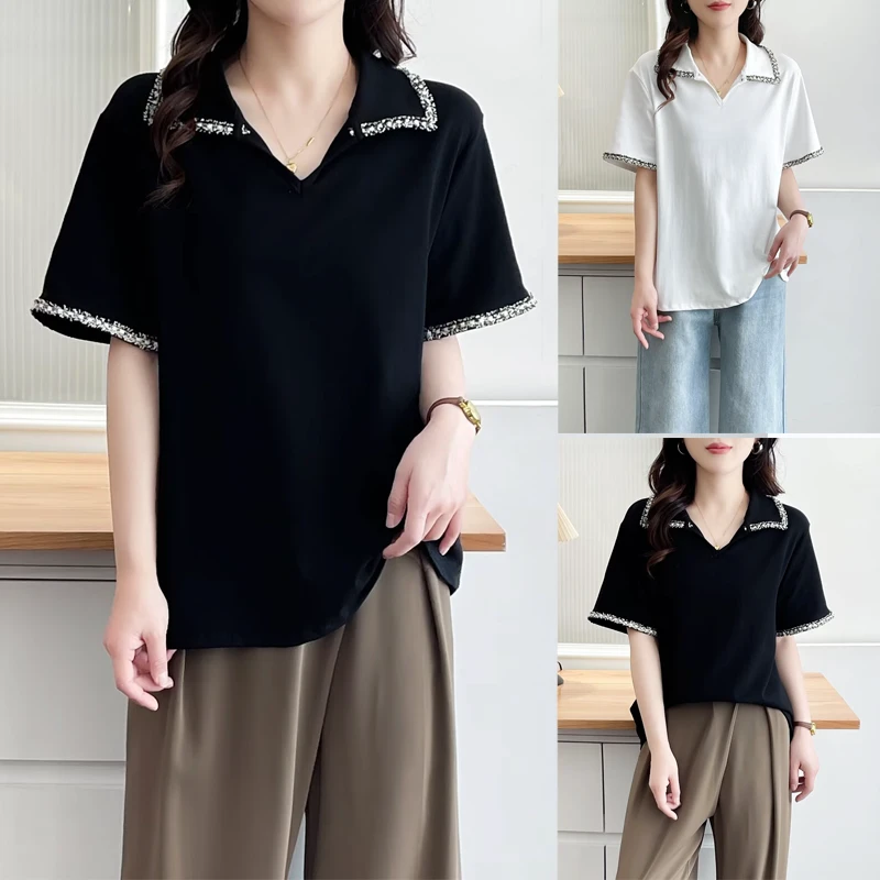 短袖V领小香风大码标准POLO领T恤夏季显瘦女装宽松设计感上衣-942