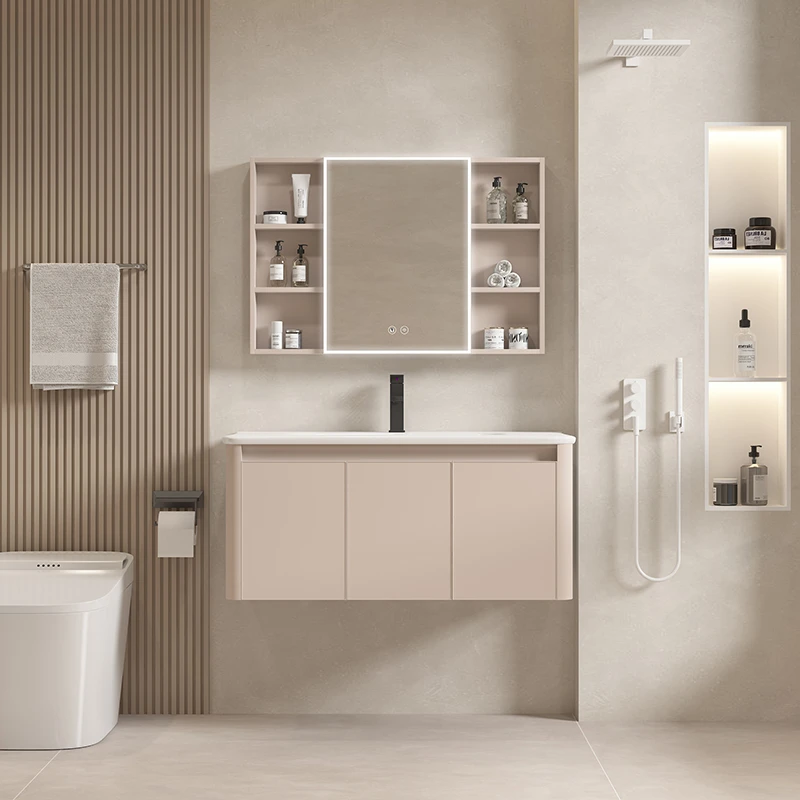 浴室柜卡其圆弧卫生间陶瓷一体盆卫浴柜洗手台盆柜组合洗漱台面盆