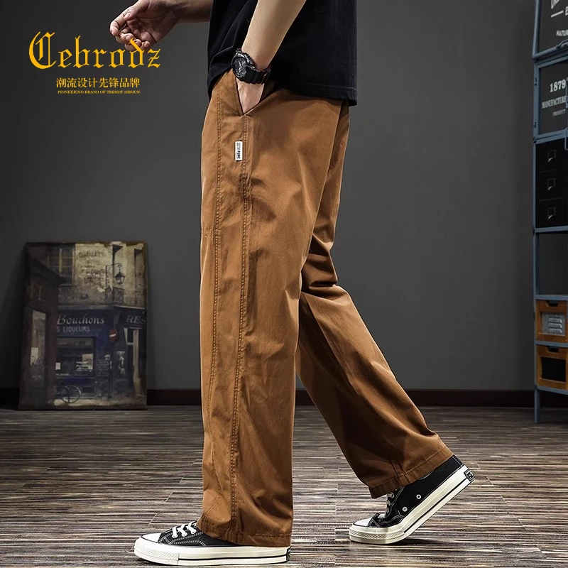 Cebrodz2025秋季新款休闲裤美式复古直筒宽松潮流拼接阔腿薄款