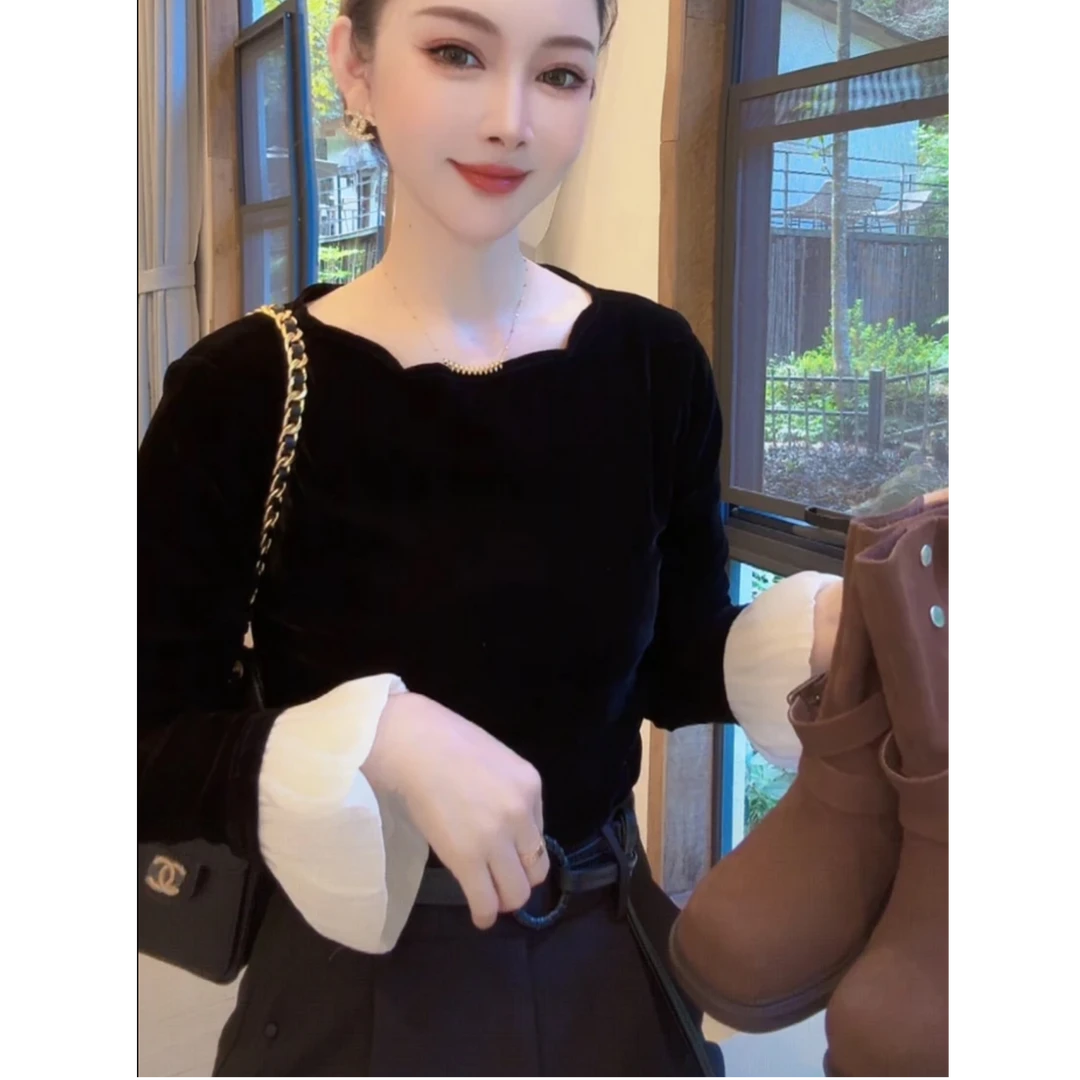 法式时尚一字肩丝绒T恤女2025秋季气质荷叶边喇叭袖假两件打底衫