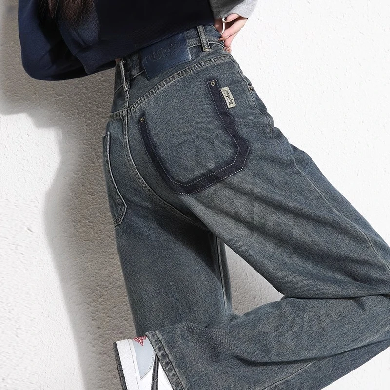 水泥灰阔腿牛仔裤女2025新款秋冬气质高腰显瘦加长窄版牛仔直筒裤