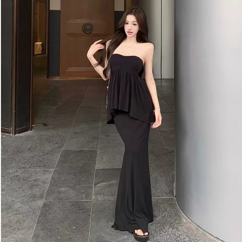 辣妹纯欲带胸垫不规则垂感舒适抹胸+高腰百搭鱼尾裙套装