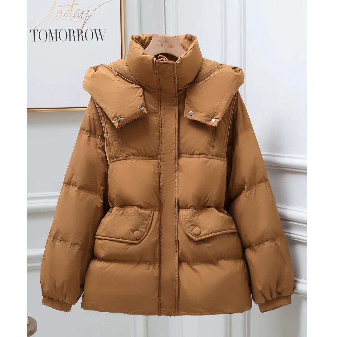 2025冬新款连帽百搭羽绒服中长收腰一手长