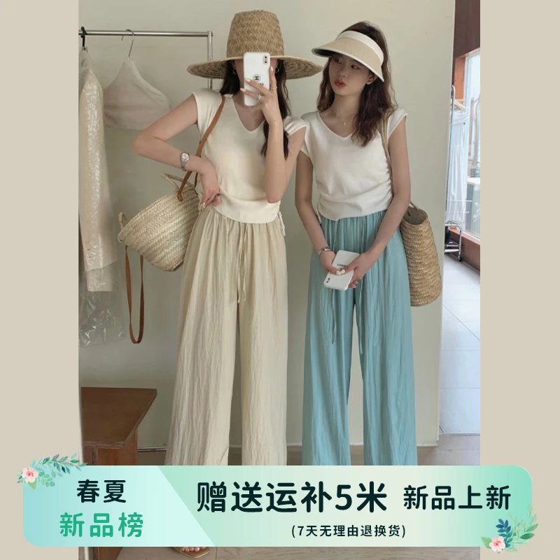 B122冰凉阔腿裤子女高腰垂感宽松休闲防晒直筒裤2025新款夏季薄款