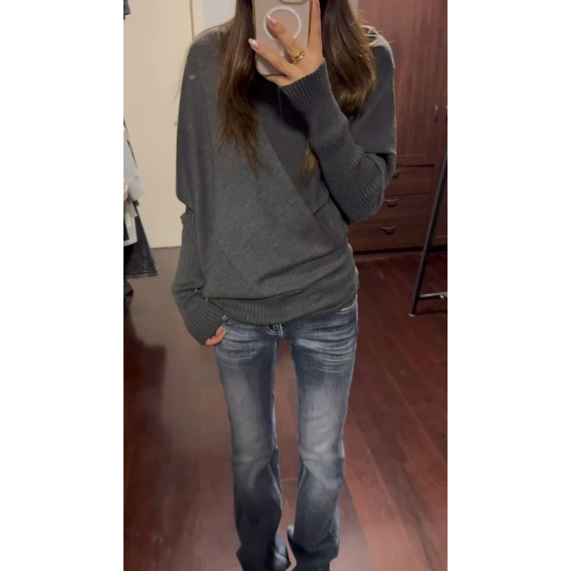 深灰色蝙蝠长袖针织毛衣女秋冬2025新款韩系慵懒风外搭衫套头上衣