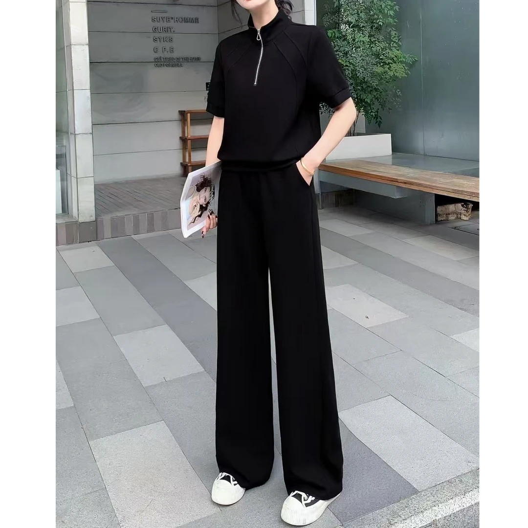 小施家夏季设计拼接纯色冰爽垂感半拉链休闲套装635