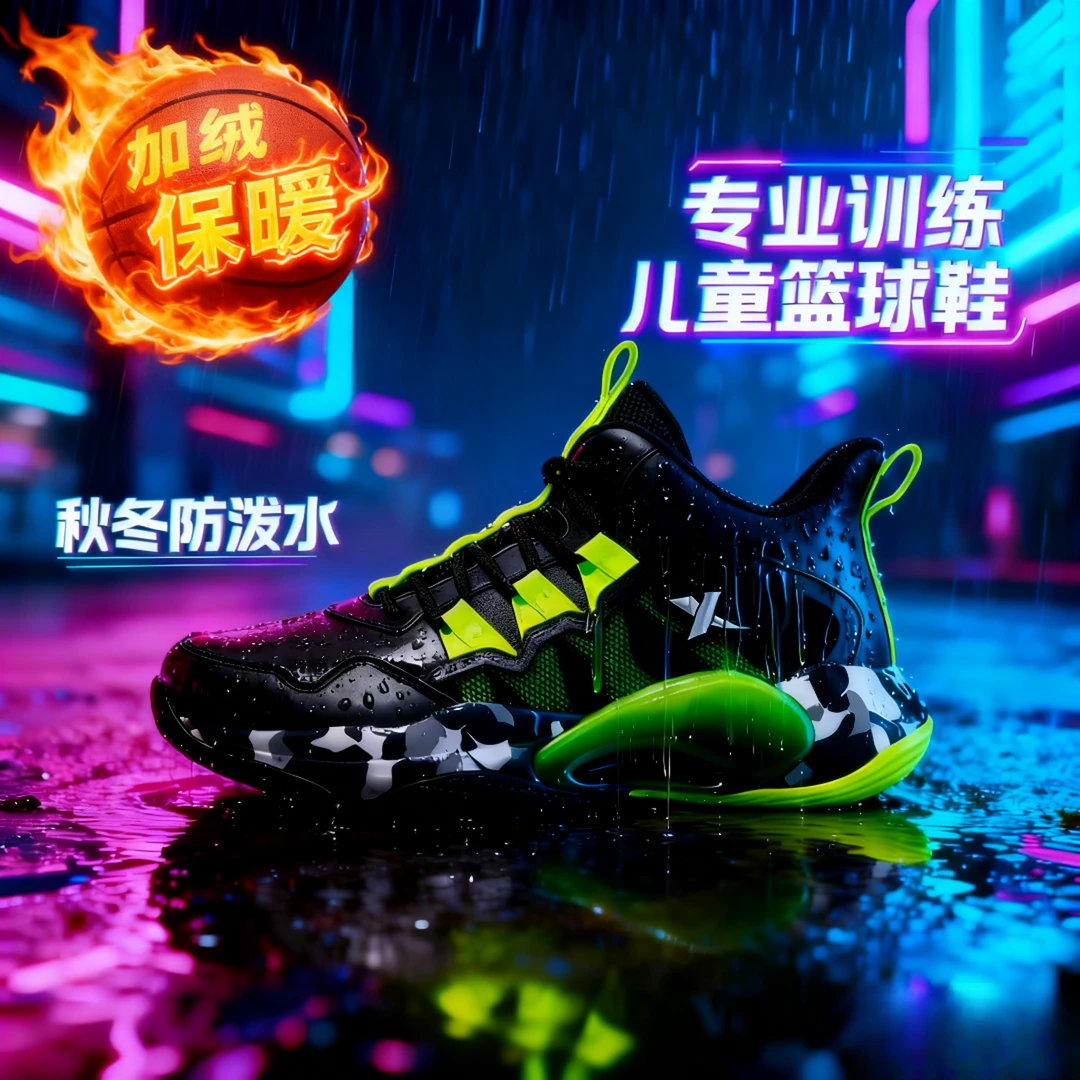 特步儿童冬季皮面加绒专业篮球鞋大童防水防滑减震训练运动鞋9238