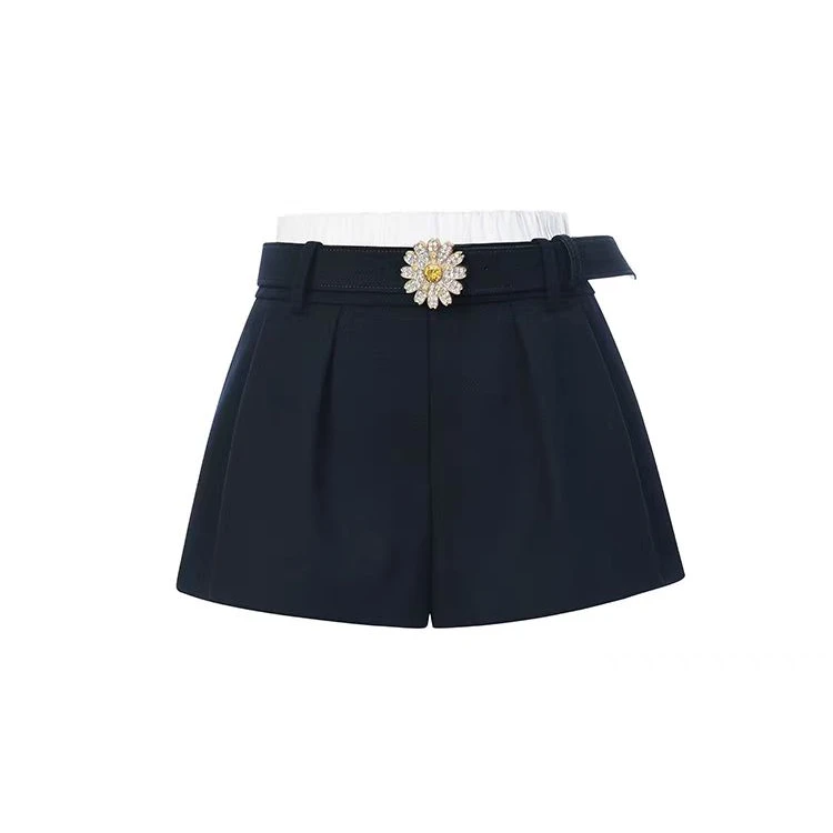 LeFame/拉飞姆2025年春季藏蓝双腰头撞色A字修身短裤LF25C61SP073