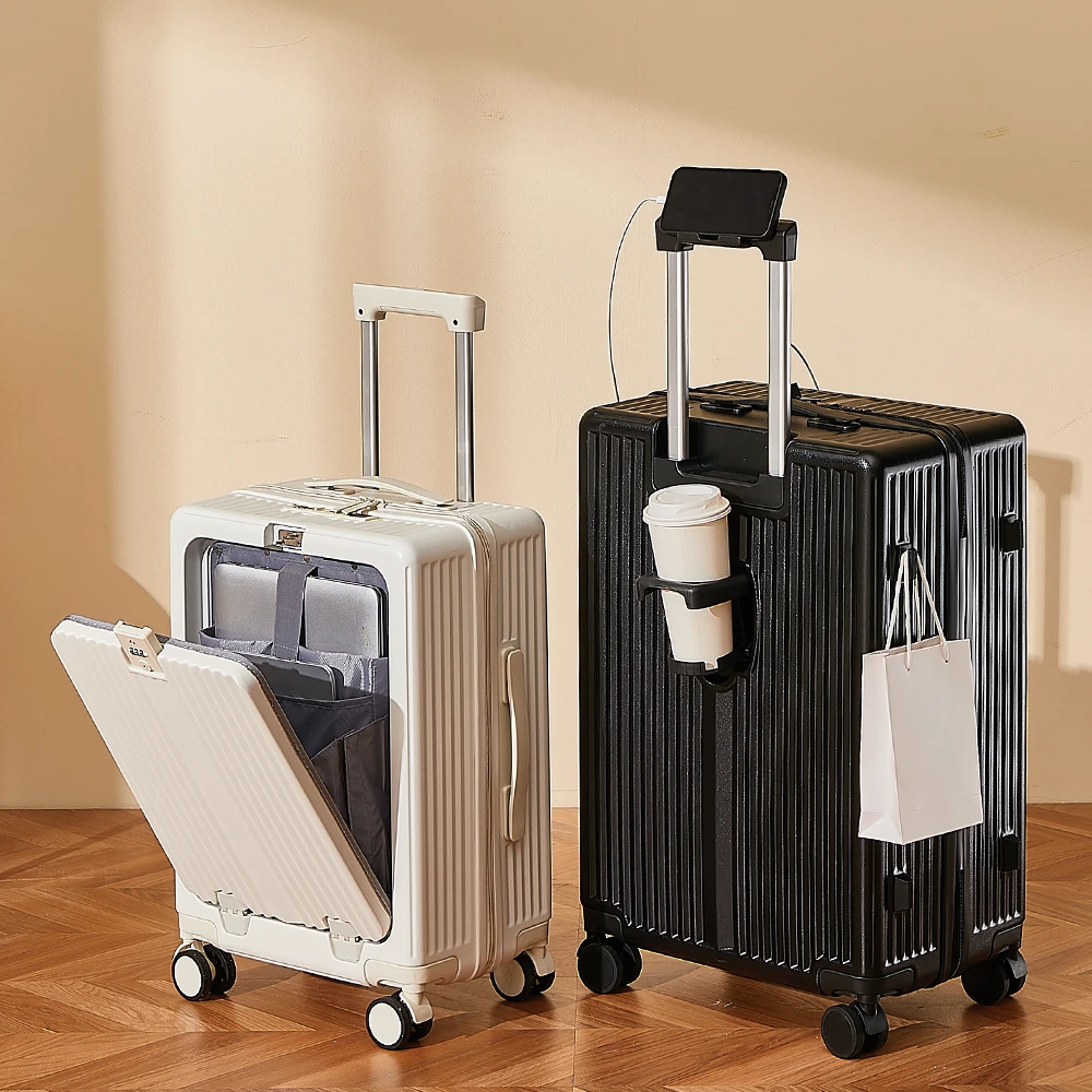 旅行行李箱登机箱20寸白色条纹轻便前开网红拉杆箱时尚百搭户外