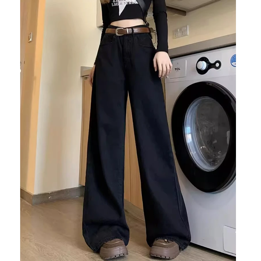 黑色阔腿牛仔裤女2025春季新款宽松高腰直筒百搭显瘦垂感拖地裤子