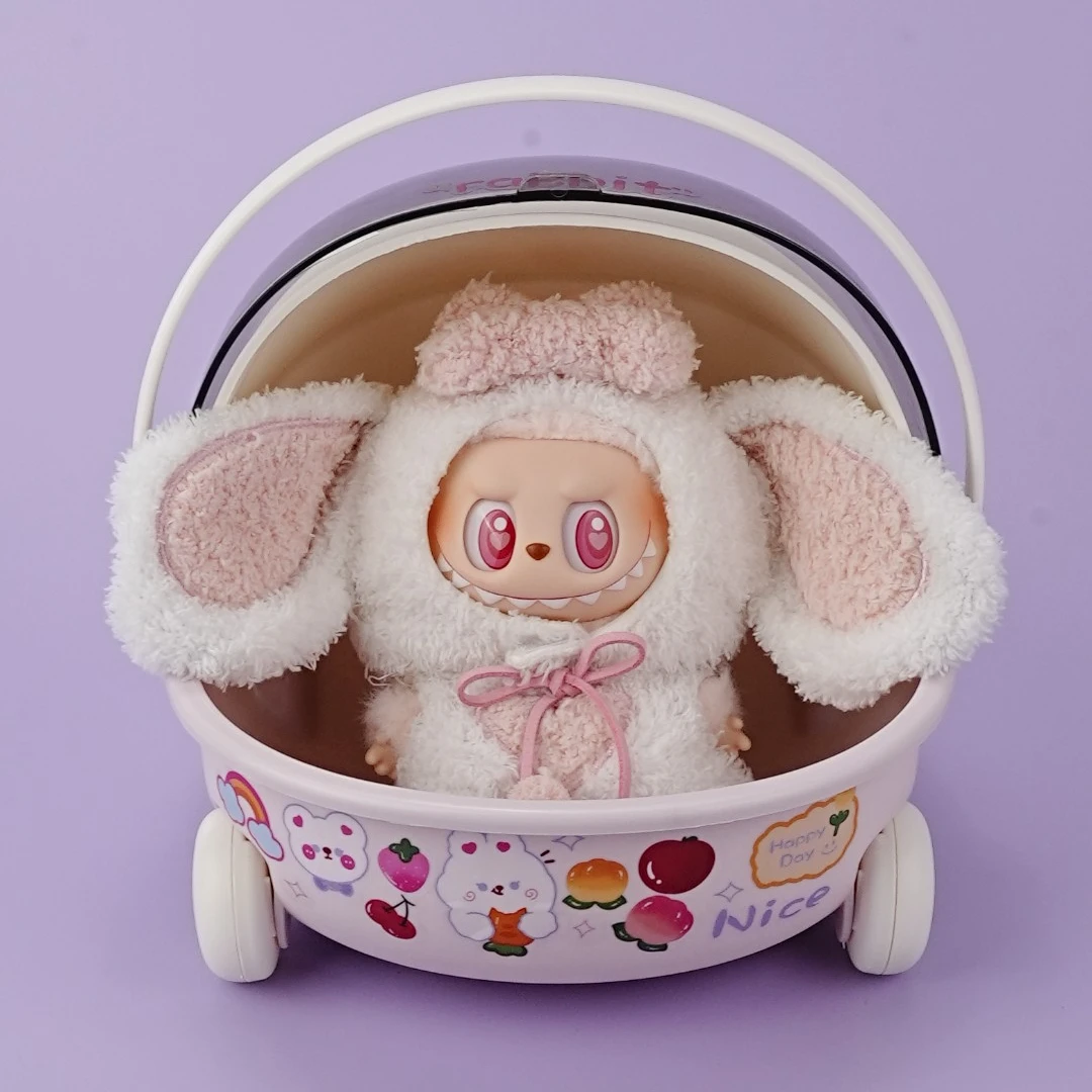 【直播特惠】labubu17cm拉布布娃衣垂耳兔毛绒套装+蓝色摇篮收纳车
