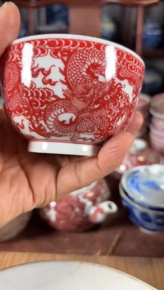 柴窑釉里红九龙杯杯